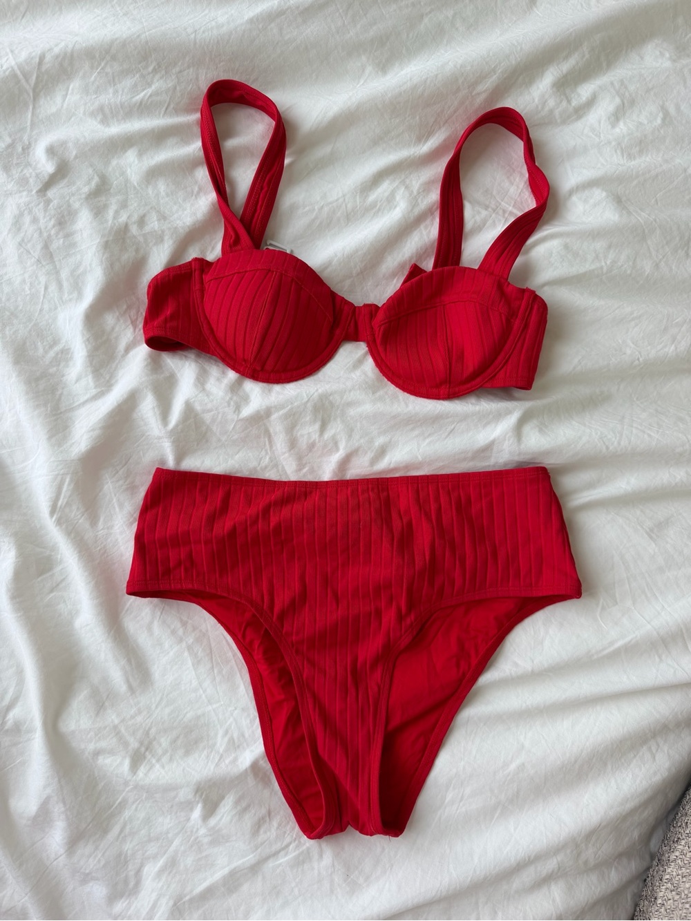 SOLID & STRIPED Red Ribbed Bikini Set (L bottoms M top)